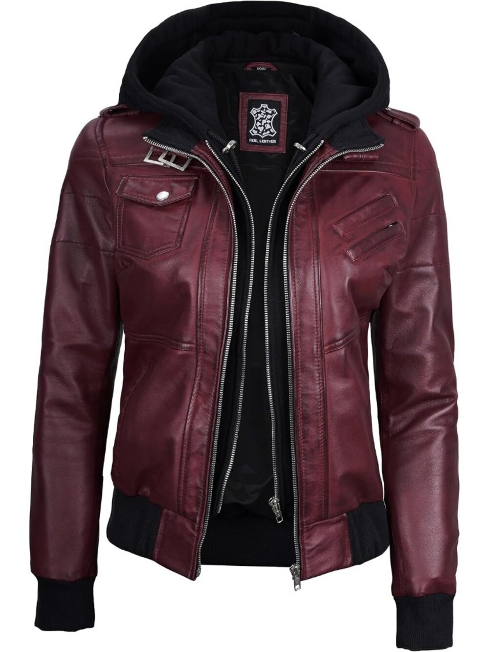 Women’s Maroon Leather Bomber Jacket Detachable Hood Casual Stylish Coat